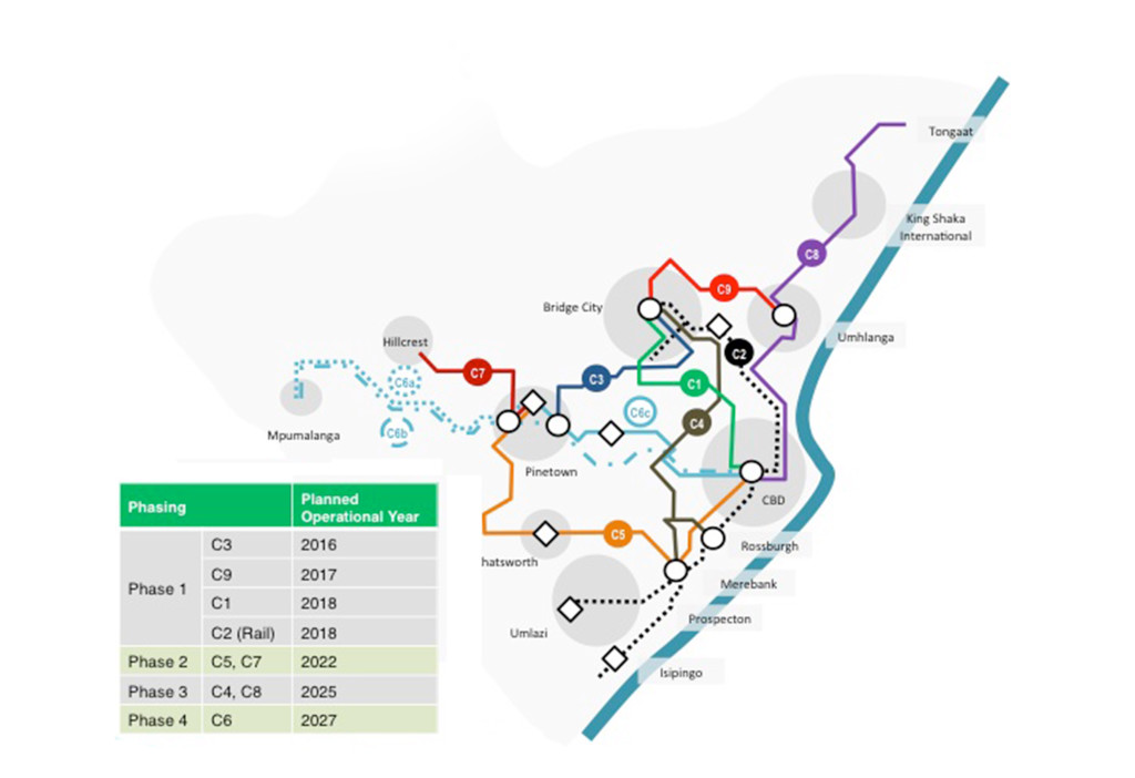 This map highlights the nine different corridors under development for Durban's new transport system. 